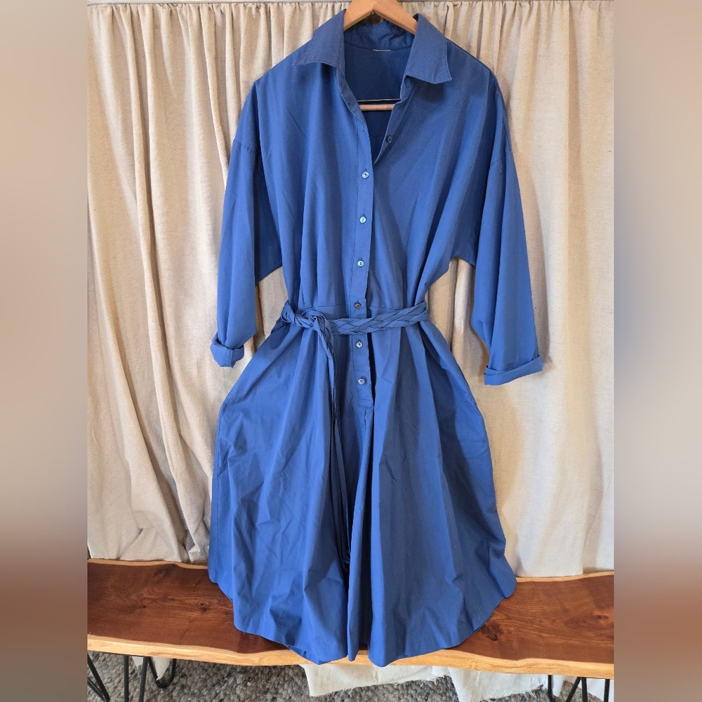 Elegant Vintage Cotton Blue Shirt Dress with Braided Belt